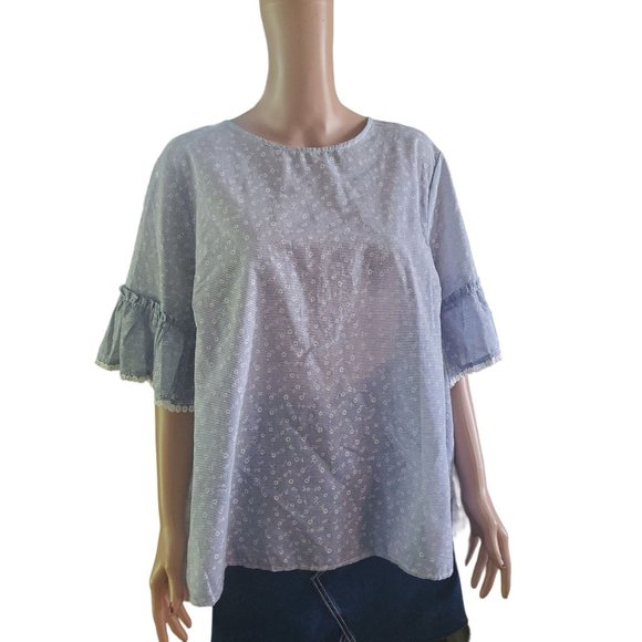 Court & Rowe Sz 1X Blue White Semi Sheer Floral Stripe Ruffle Cuff Cotton Top - Picture 1 of 10